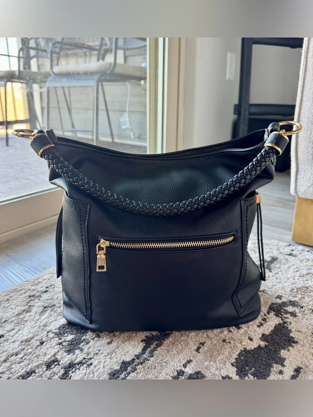 Black Braided Handle Hobo Bag